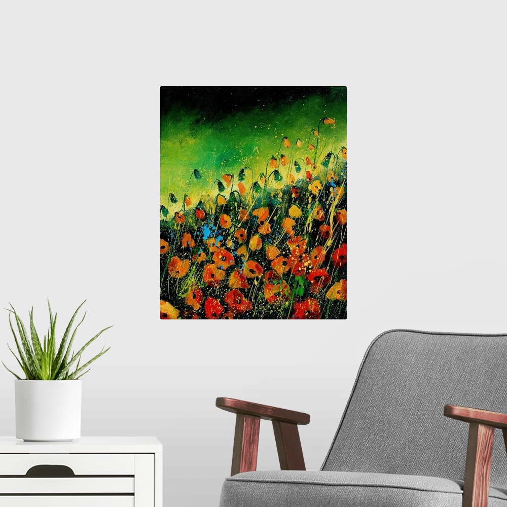 A modern room featuring Vertical painting of a field of orange poppies with splatters of multi-color paint overlapping th...