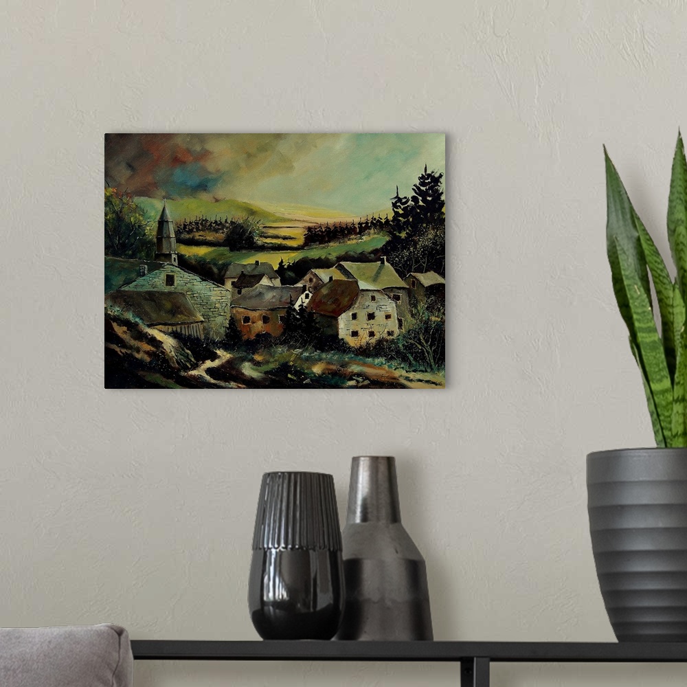 A modern room featuring A low pitched painting of a village in Belgium.