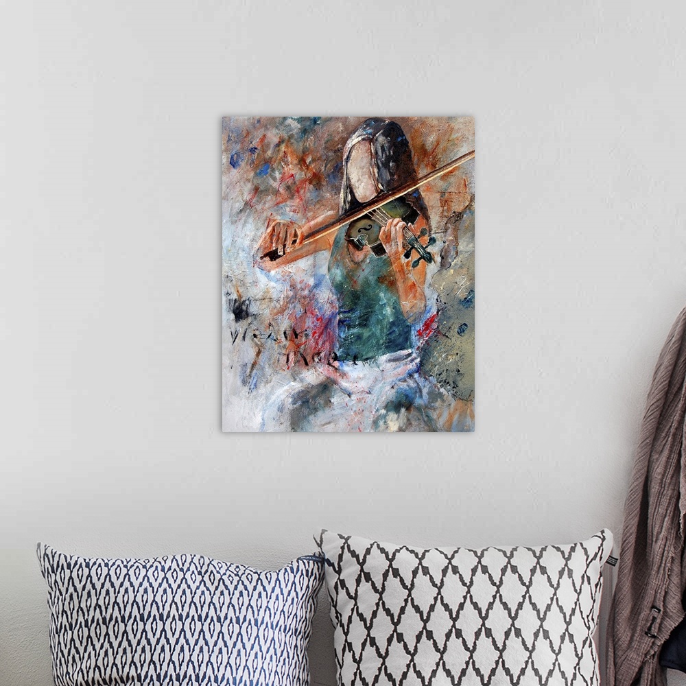A bohemian room featuring A portrait of a woman playing a violin done in textured paint.