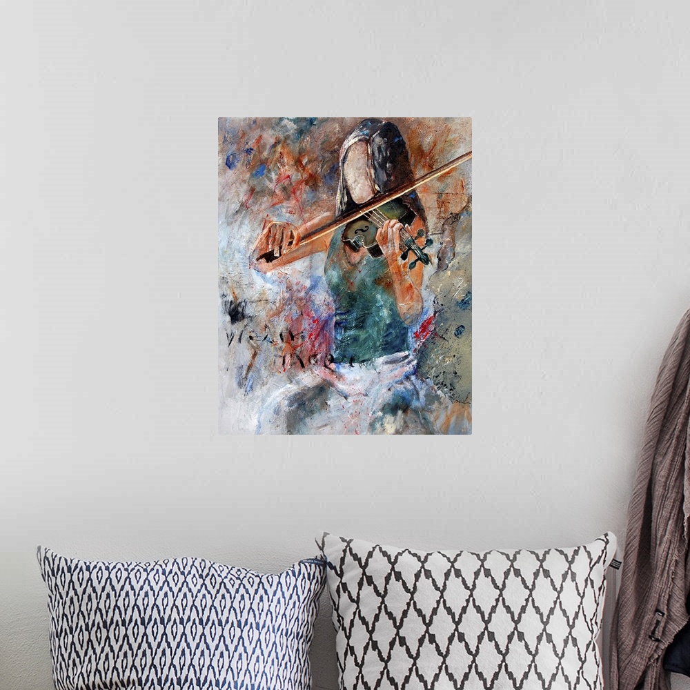 A bohemian room featuring A portrait of a woman playing a violin done in textured paint.