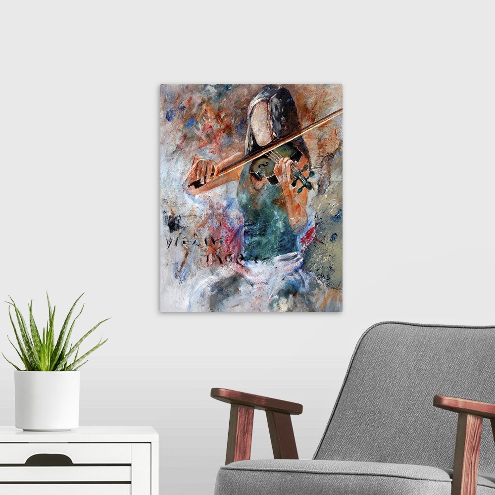 A modern room featuring A portrait of a woman playing a violin done in textured paint.