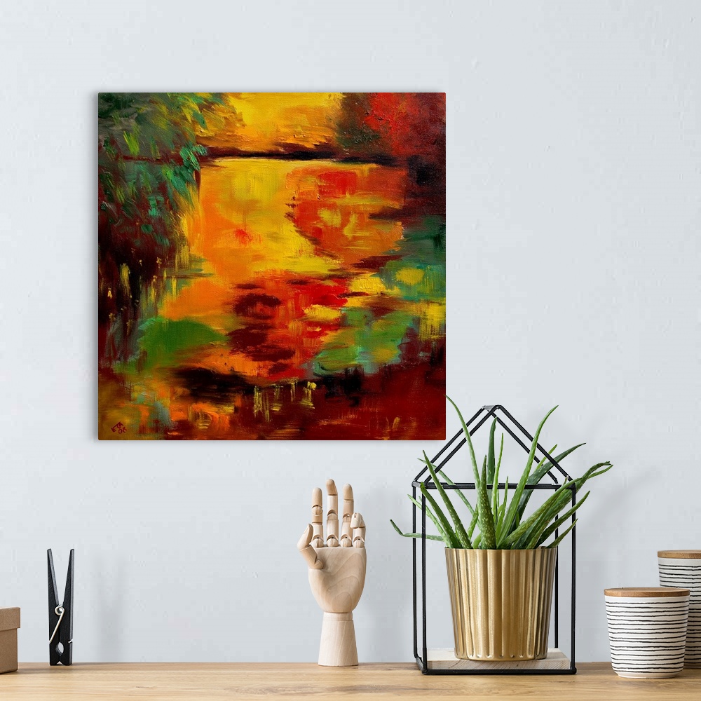 A bohemian room featuring A square abstract landscape of a pond with vivid colors of yellow and orange.