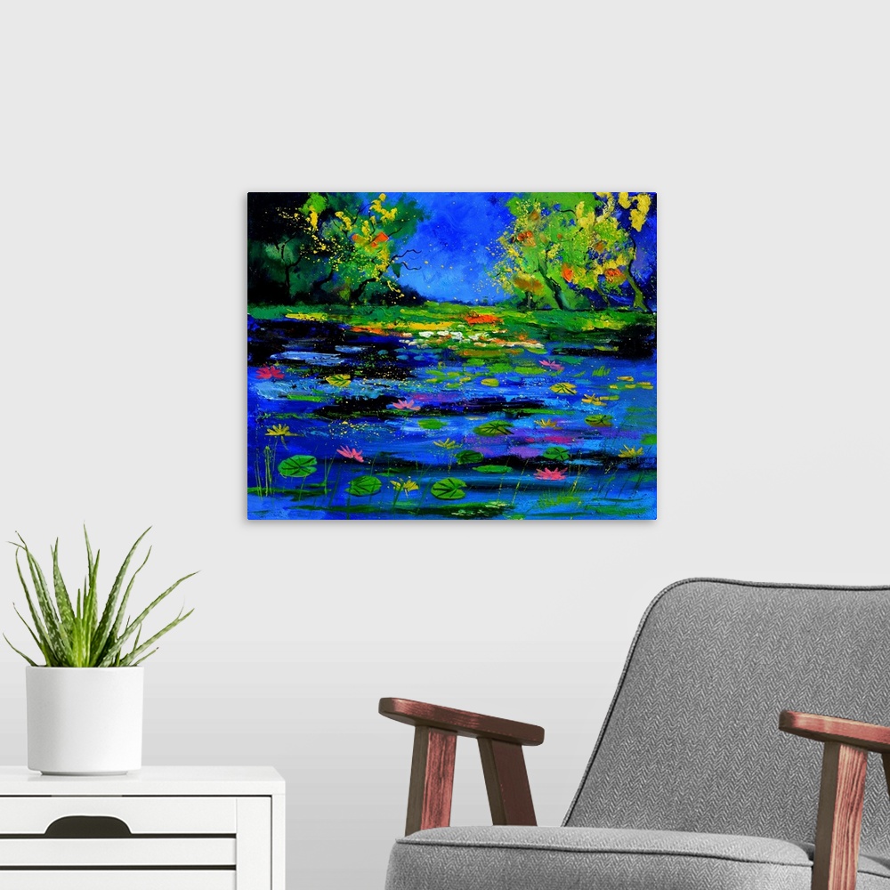 A modern room featuring Painting of a pond full of water lilies with flower blooms and small speckles of paint overlapping.