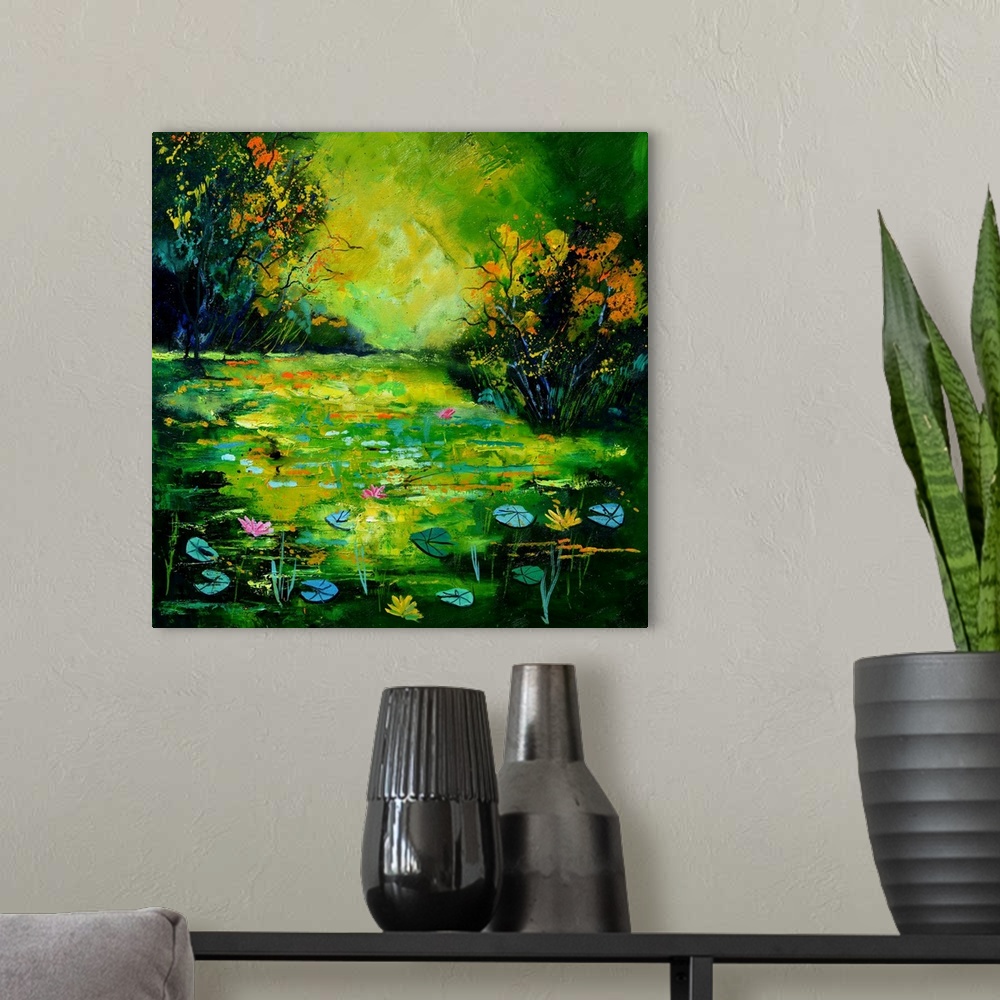 A modern room featuring Square painting of a pond full of water lilies with flower blooms and small speckles of paint ove...