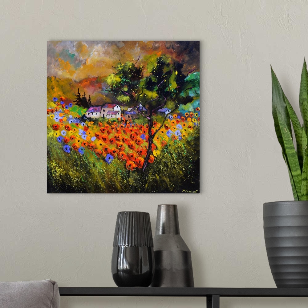 A modern room featuring Contemporary painting with a field of poppy flowers in the foreground and a village in the backgr...