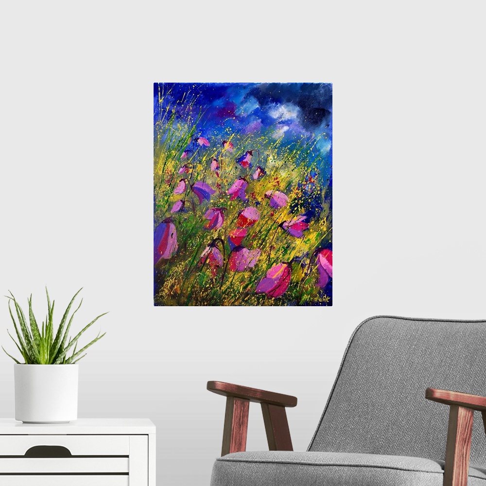 A modern room featuring A contemporary textured painting of a filed of purple bellflowers with fine splatters of paint ov...
