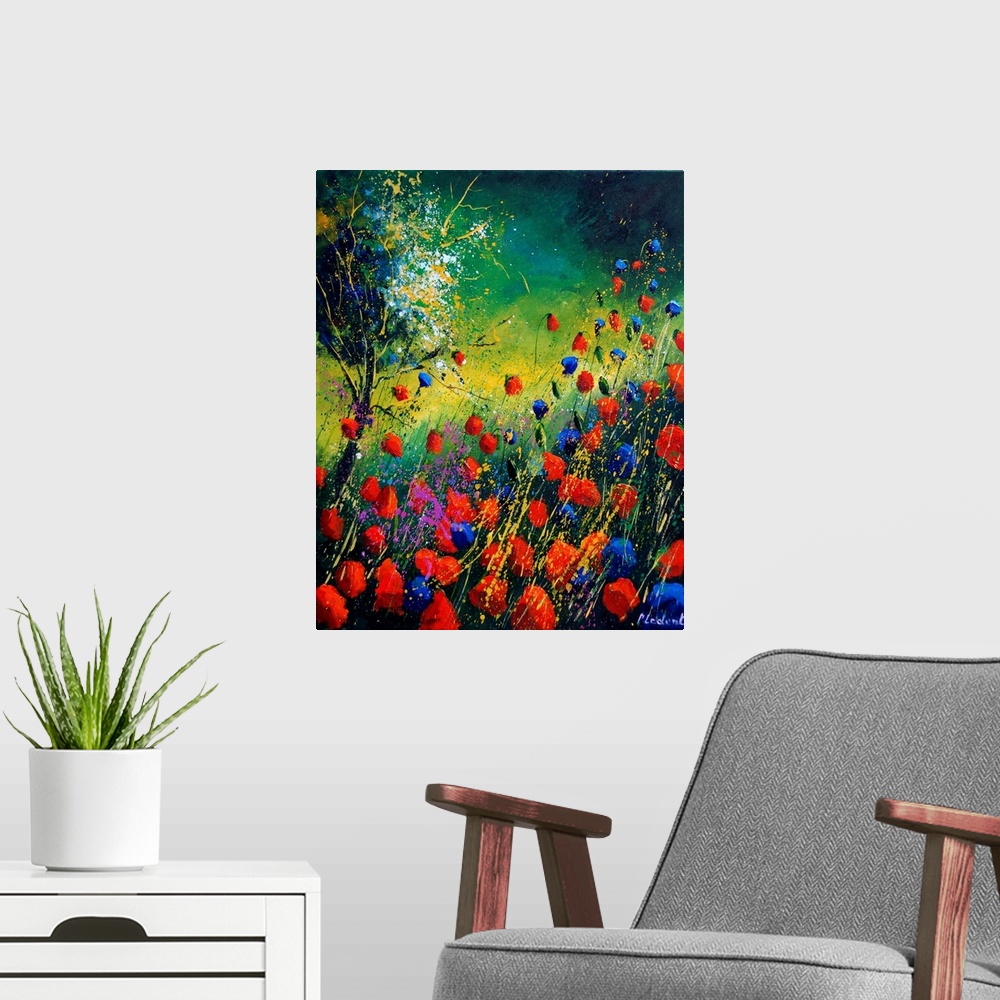 A modern room featuring Vertical painting of a field of red and blue poppies along with a single tree with splatters of m...