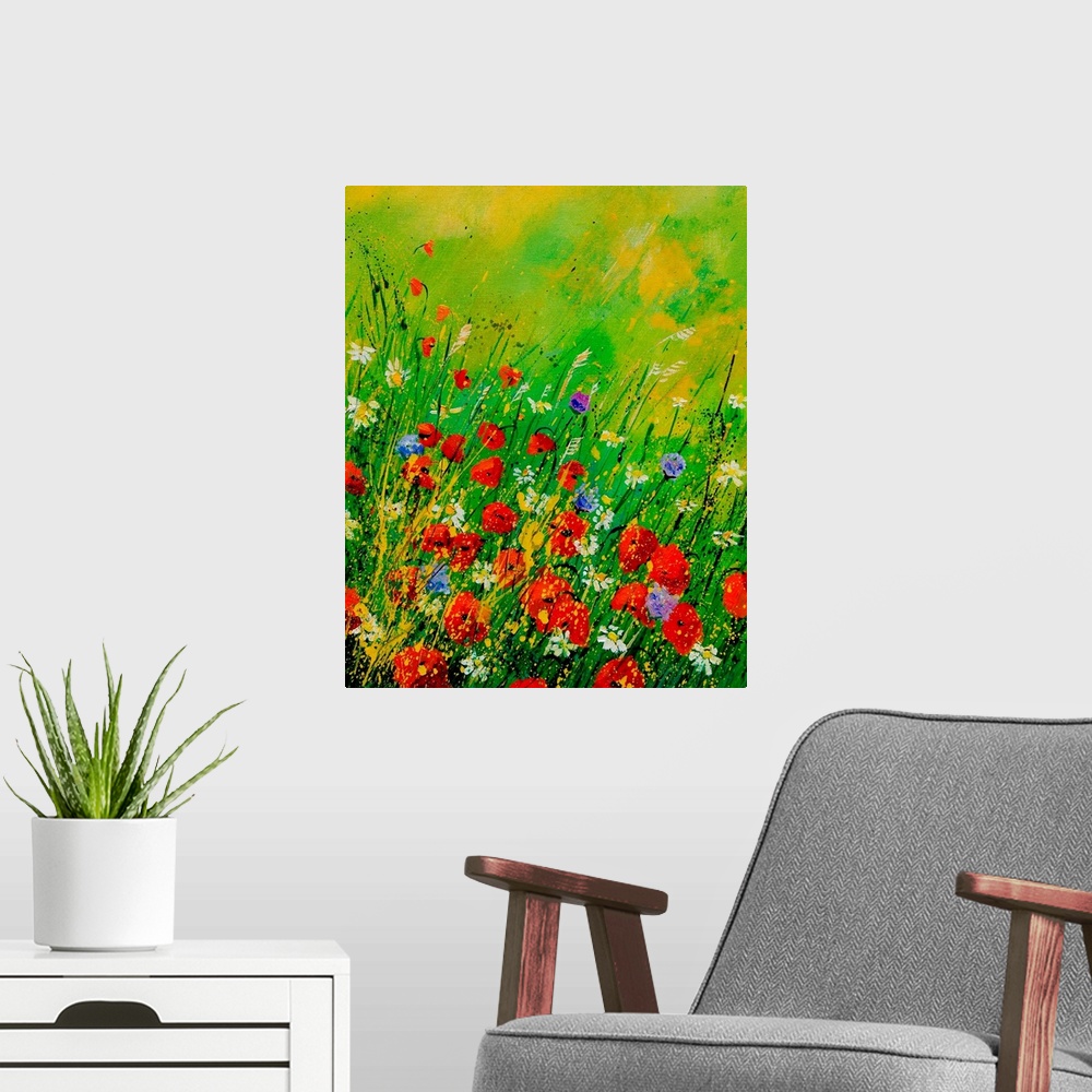 A modern room featuring Vertical painting of a field of red poppies along with other wild flowers in bloom.