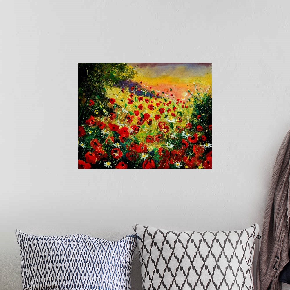 A bohemian room featuring Horizontal painting of a field of red poppies with splatters of multi-color paint overlapping the...