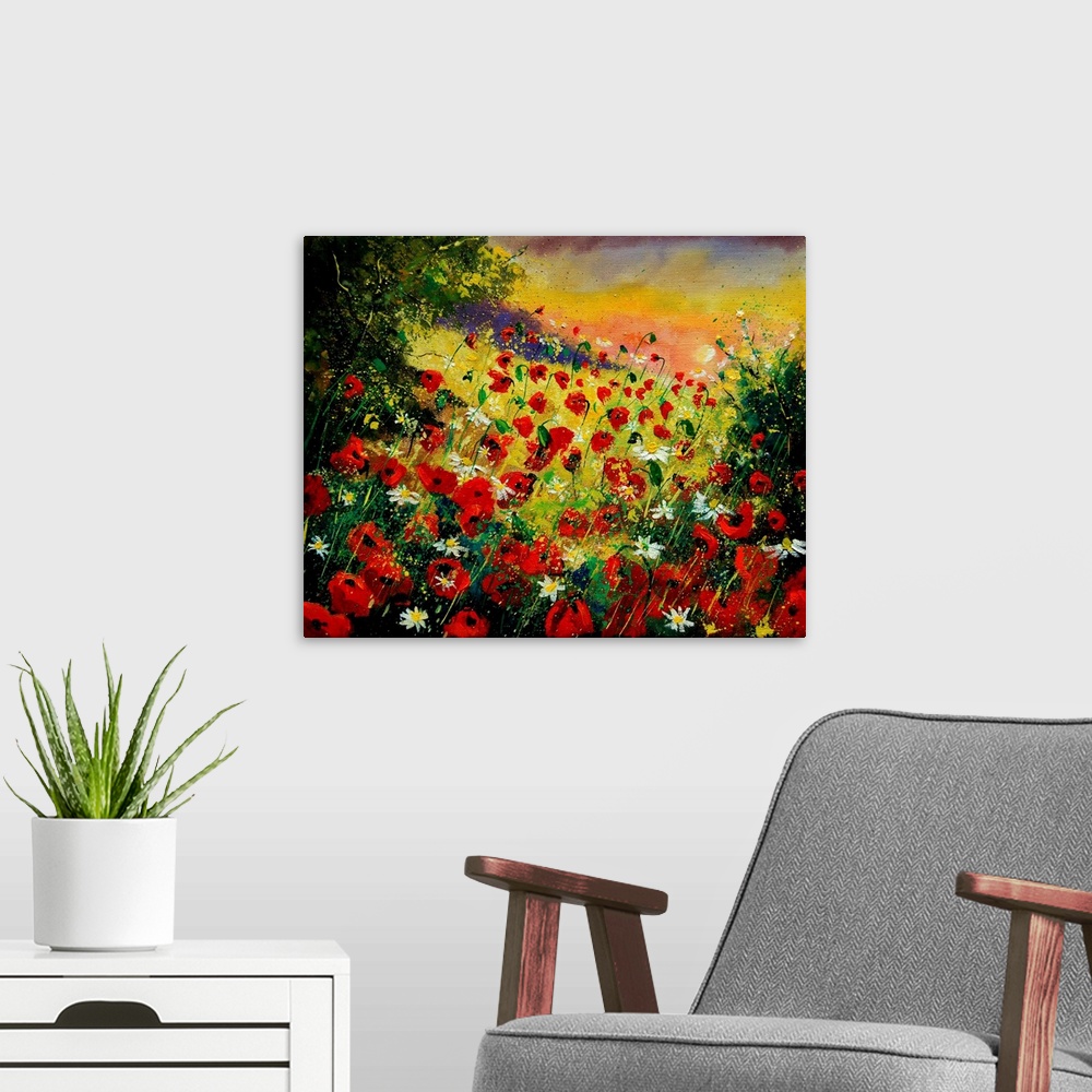 A modern room featuring Horizontal painting of a field of red poppies with splatters of multi-color paint overlapping the...