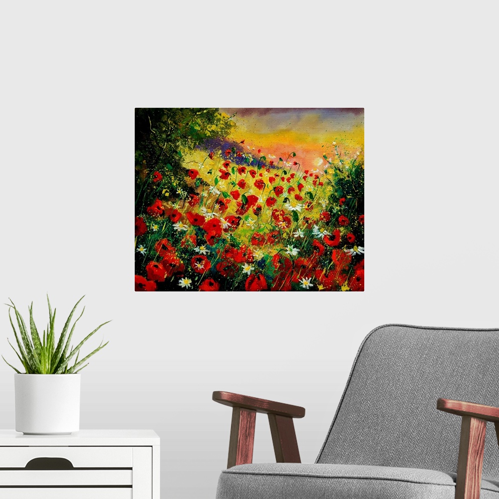 A modern room featuring Horizontal painting of a field of red poppies with splatters of multi-color paint overlapping the...