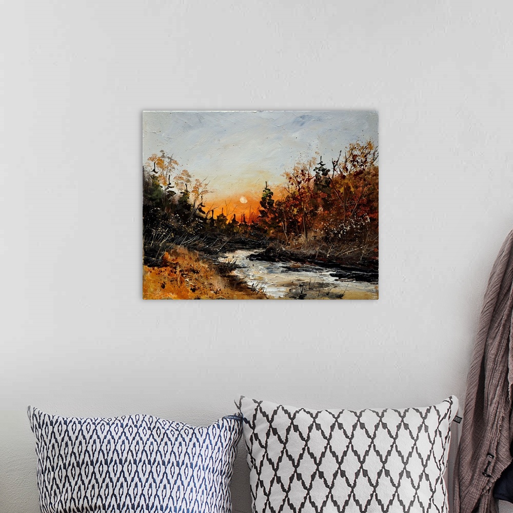 A bohemian room featuring Horizontal painting of the River Lesse winding through the landscape as the sun is setting.