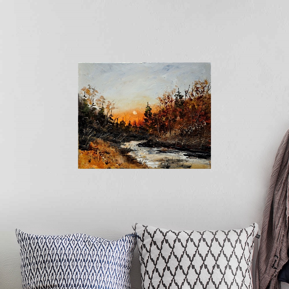 A bohemian room featuring Horizontal painting of the River Lesse winding through the landscape as the sun is setting.