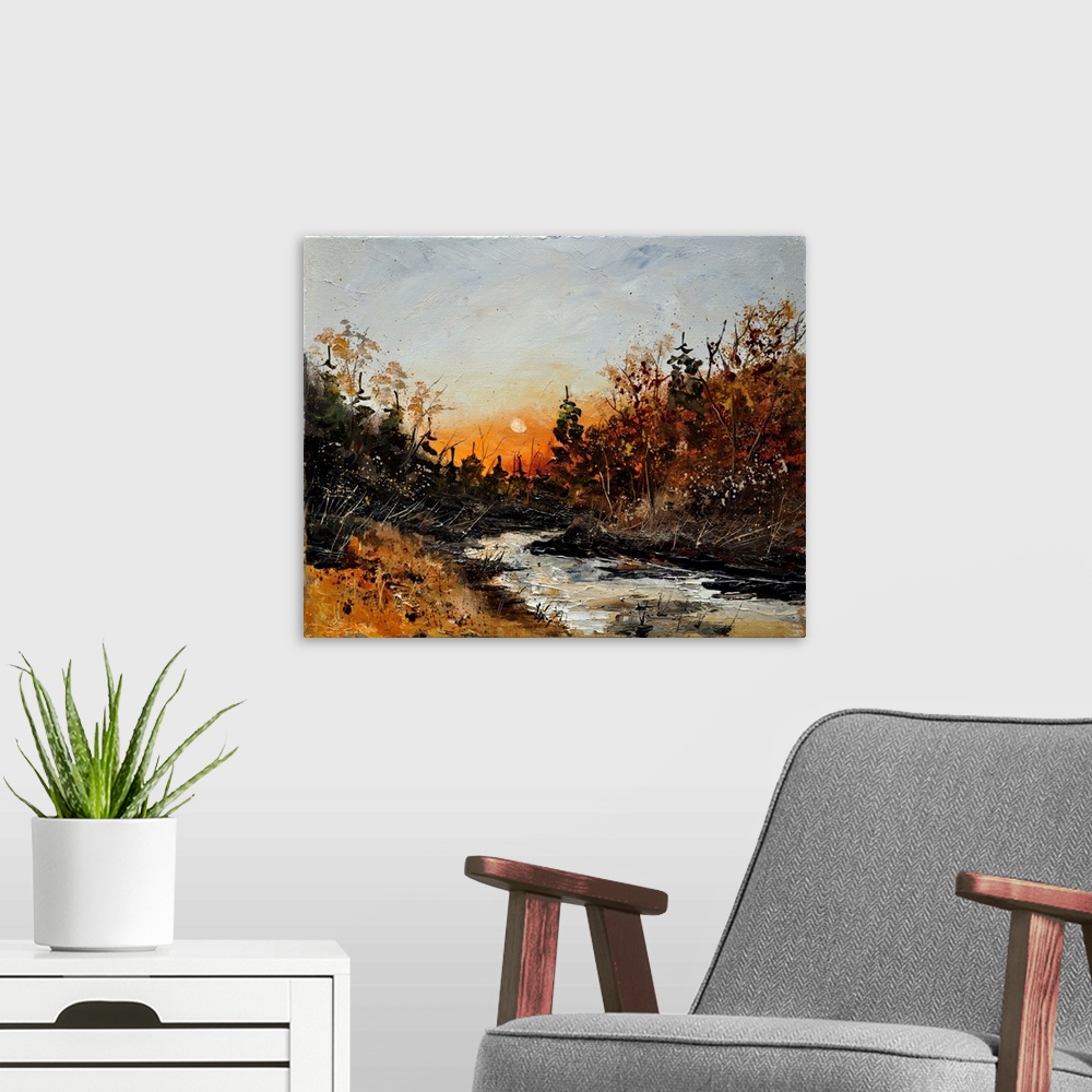 A modern room featuring Horizontal painting of the River Lesse winding through the landscape as the sun is setting.