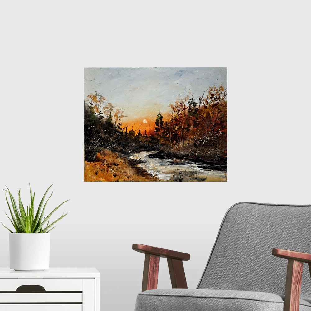 A modern room featuring Horizontal painting of the River Lesse winding through the landscape as the sun is setting.