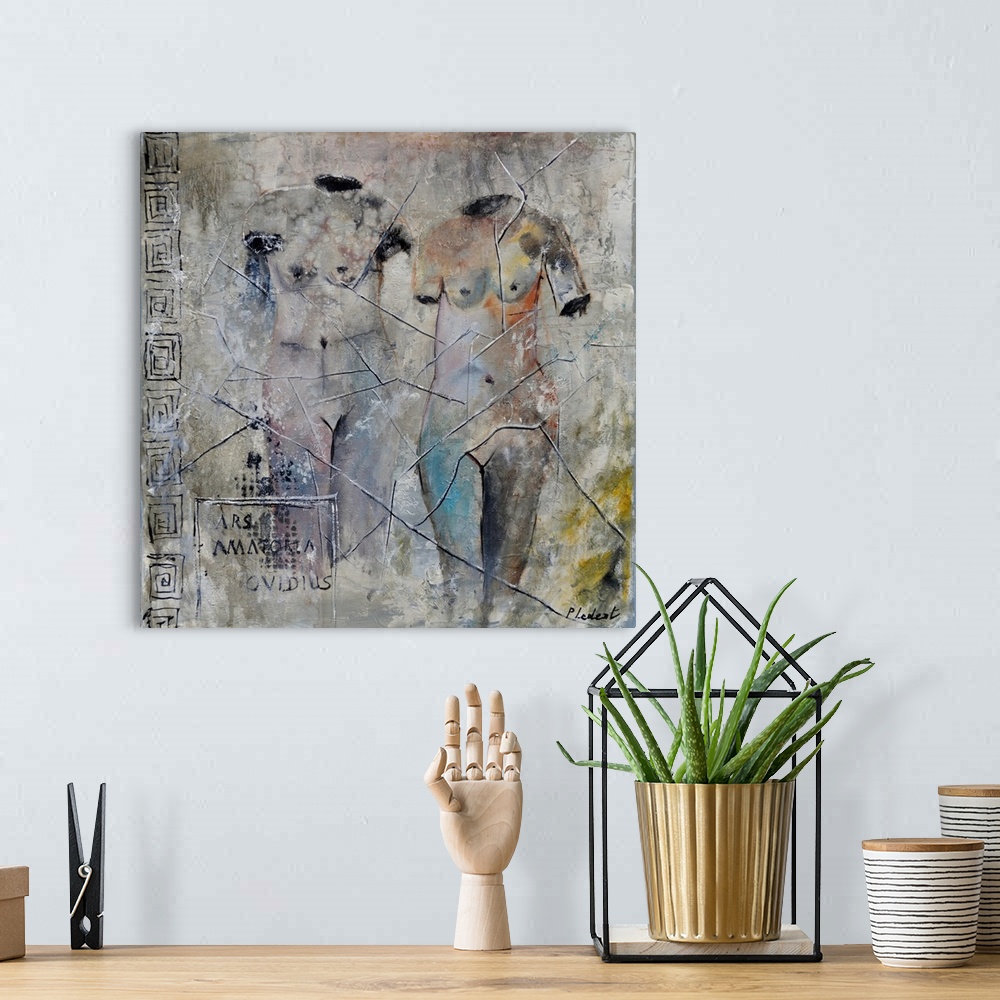 A bohemian room featuring A square abstract painting of roman nudes.