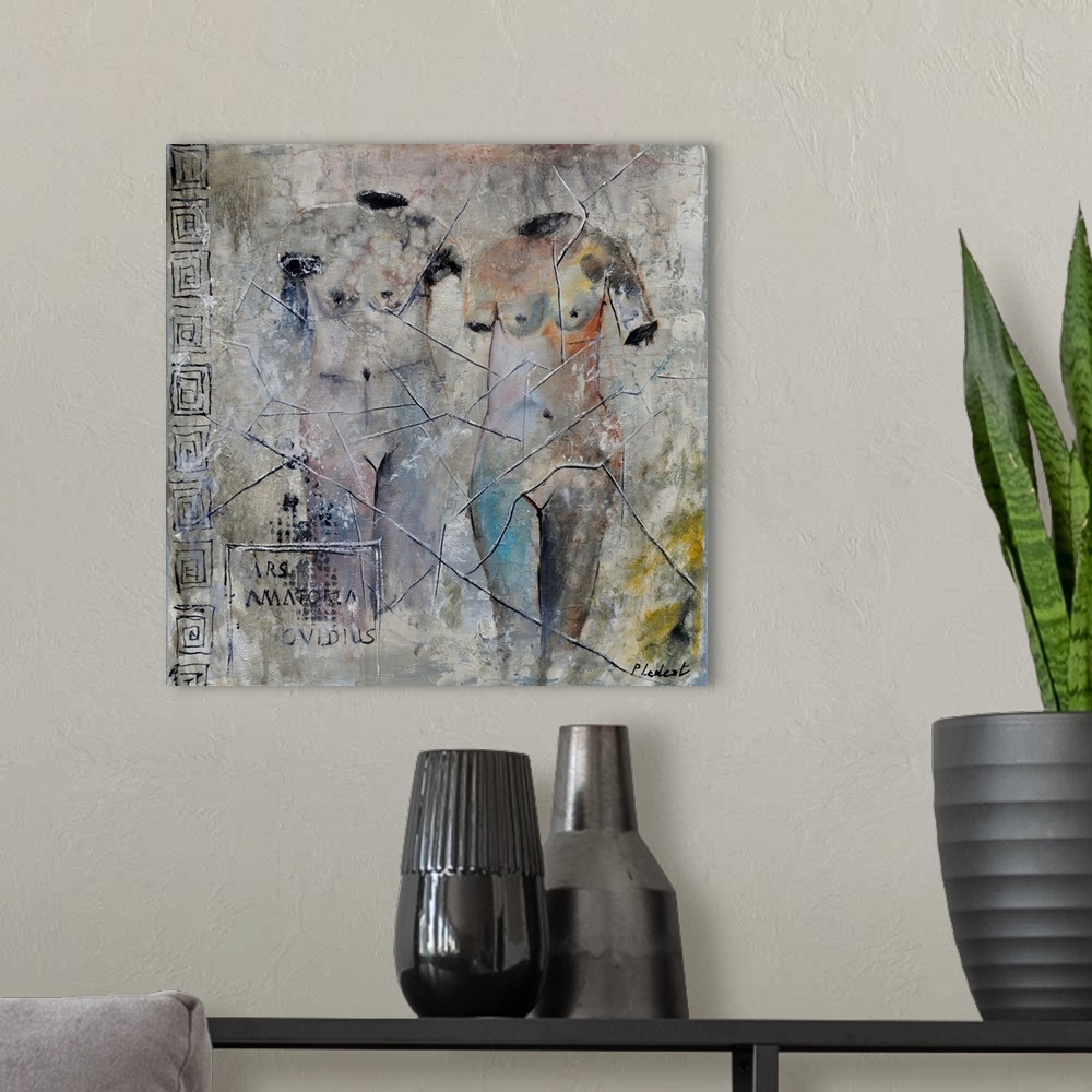 A modern room featuring A square abstract painting of roman nudes.
