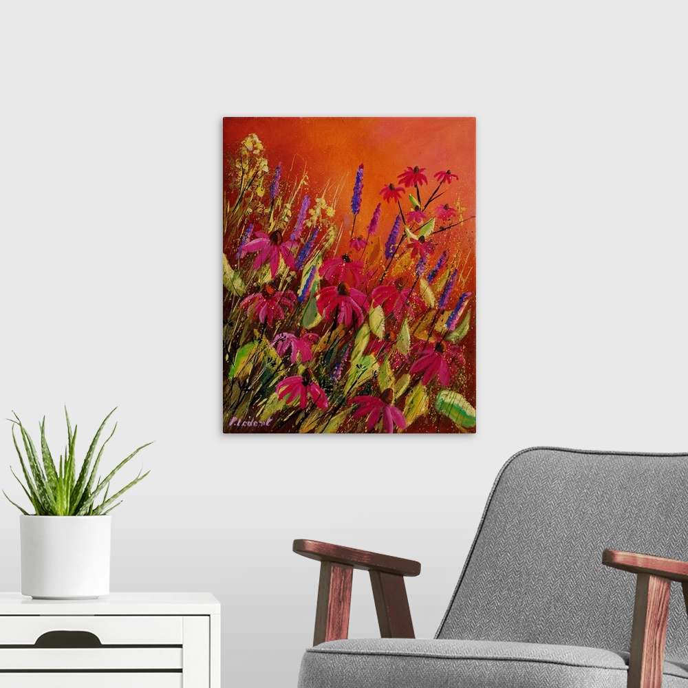 A modern room featuring A vertical contemporary painting of red Rudbeckia flowers in bloom done in a texture paint with f...