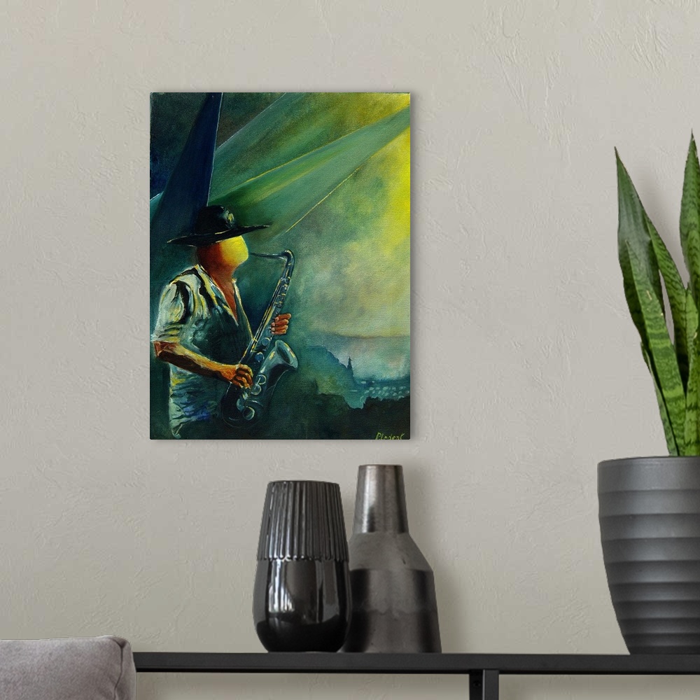A modern room featuring A modern painting of a person playing a saxophone with a city skyline as a backdrop.