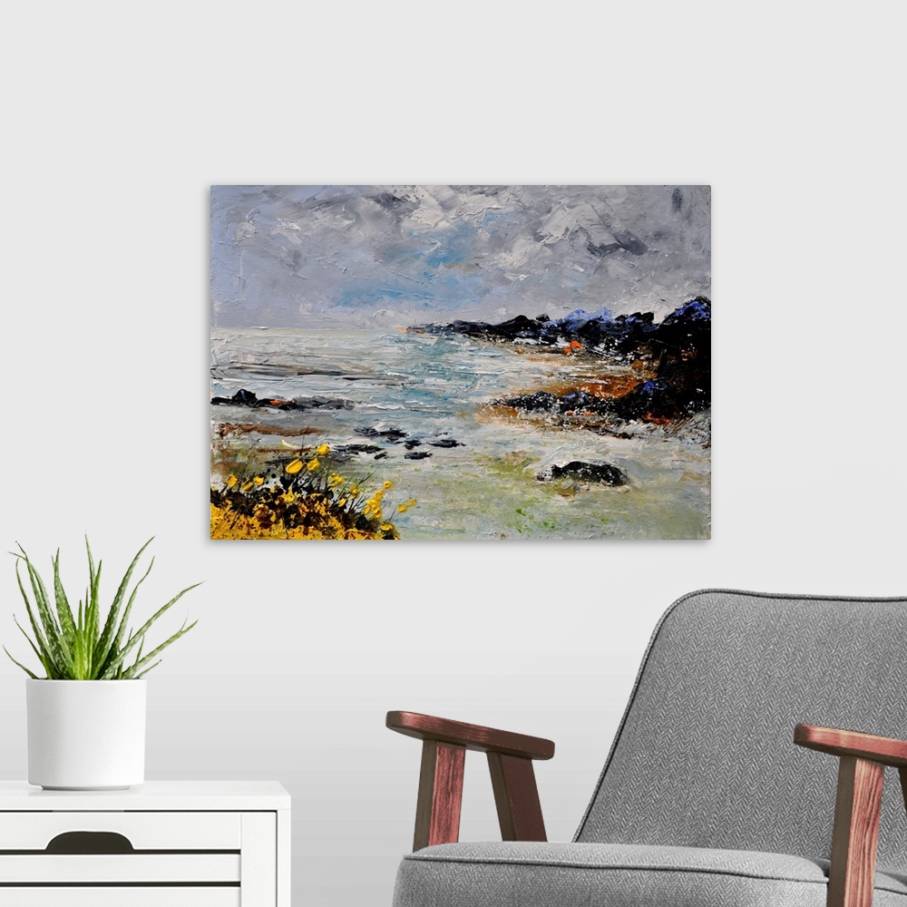 A modern room featuring Horizontal landscape painting of a rocky seashore done is textured neutral tones.