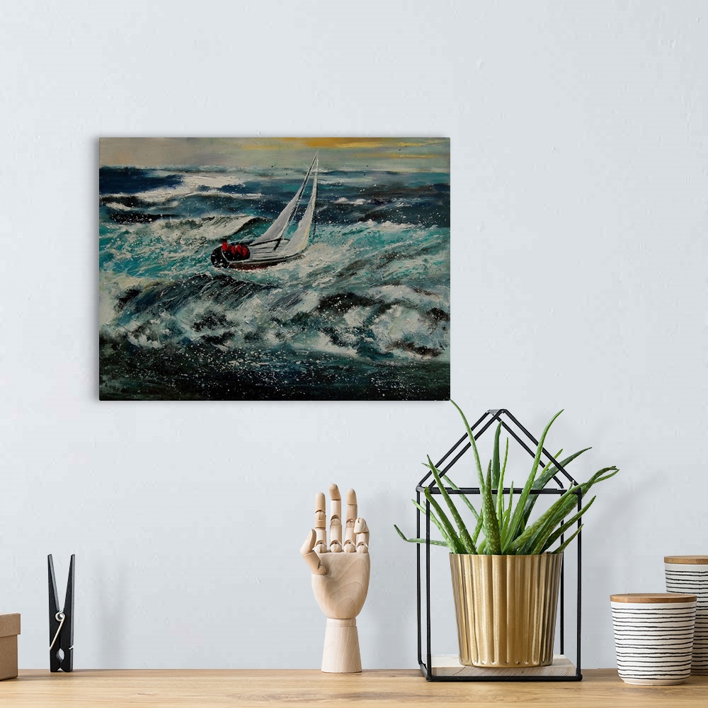 A bohemian room featuring A complementary painting of a small sailboat on rough waters.