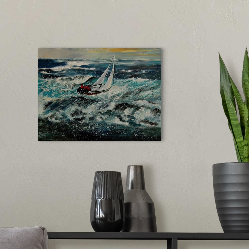 A modern room featuring A complementary painting of a small sailboat on rough waters.