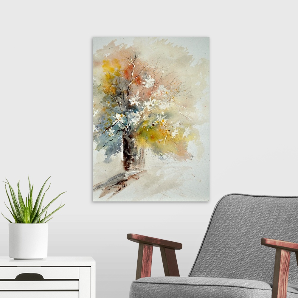A modern room featuring Contemporary watercolor painting of a vase of white flowers against a multi-colored backdrop.
