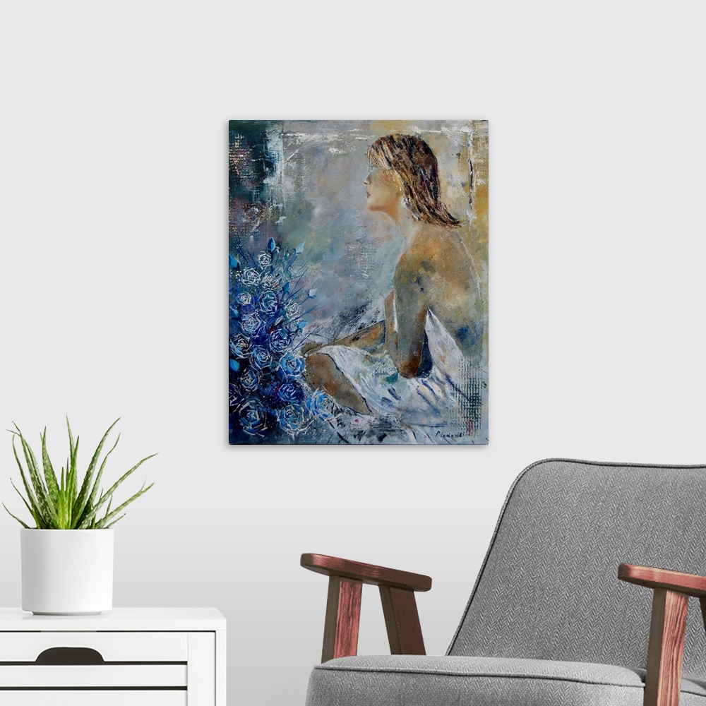 A modern room featuring A contemporary painting of female sitting next to blue flowers.