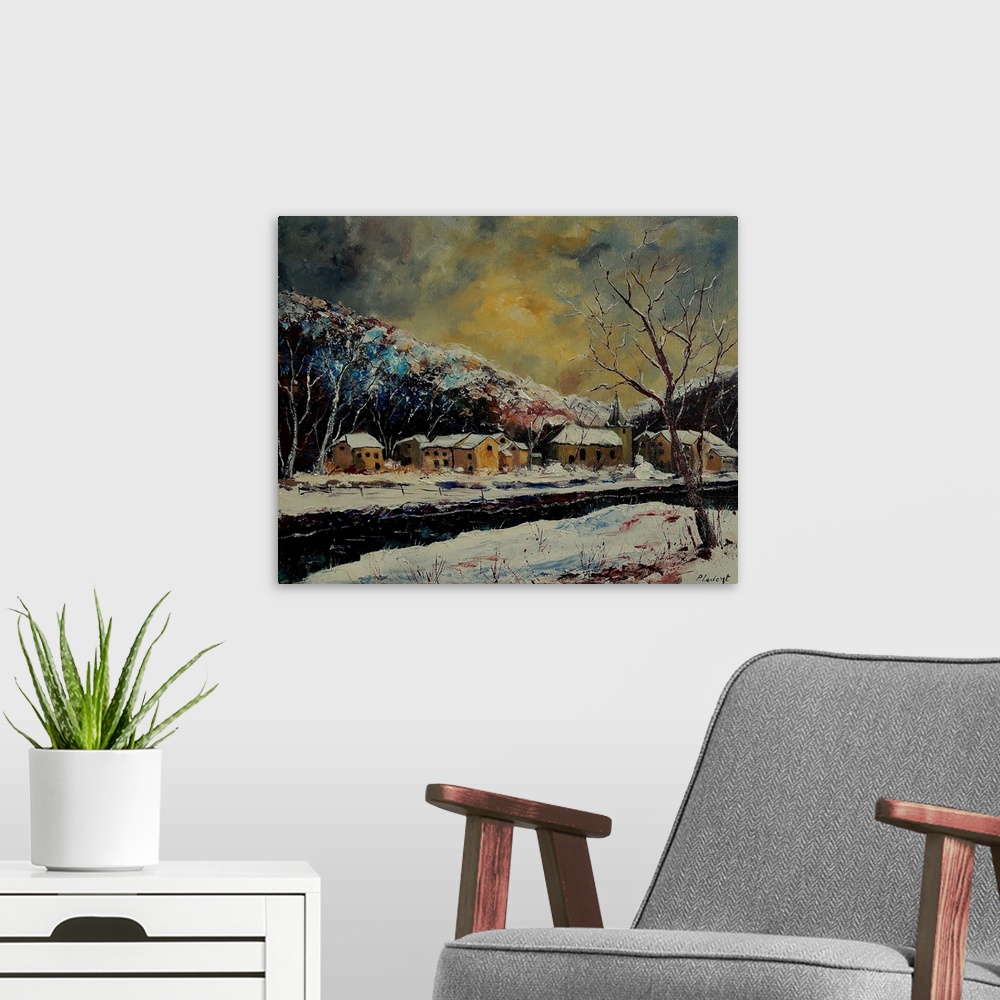 A modern room featuring Contemporary painting of a village in Belgium covered in snow with a yellow sky.