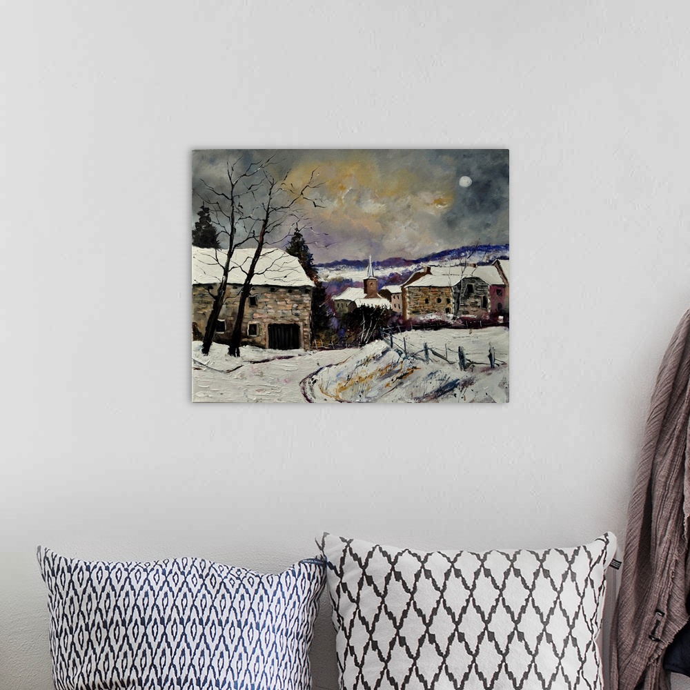 A bohemian room featuring Painting of the small village of Gendron, Belgium covered in snow on a winter night.