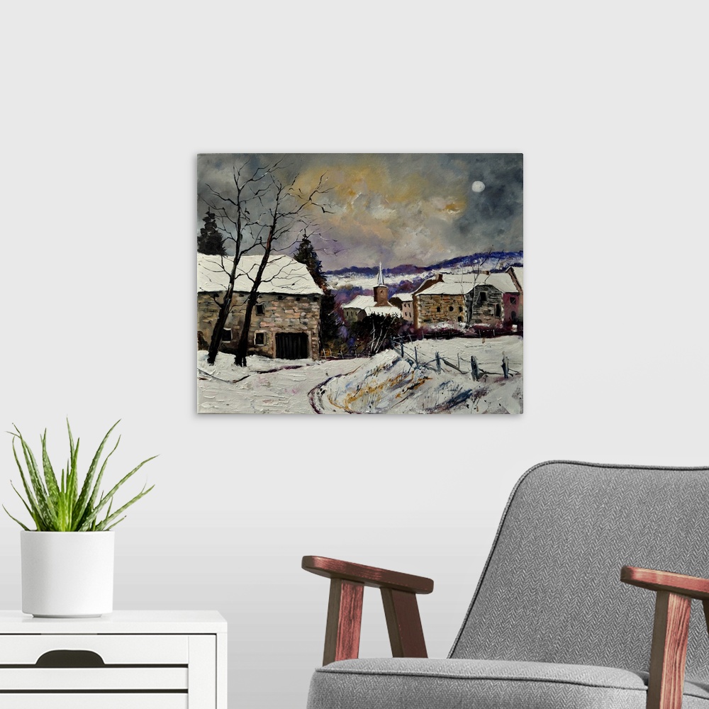 A modern room featuring Painting of the small village of Gendron, Belgium covered in snow on a winter night.