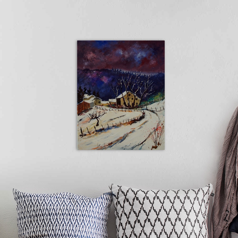 A bohemian room featuring Vertical painting of a road leading to a snow covered village in Belgium in the evening.