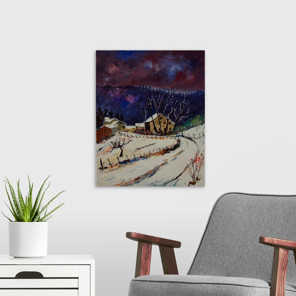 A modern room featuring Vertical painting of a road leading to a snow covered village in Belgium in the evening.