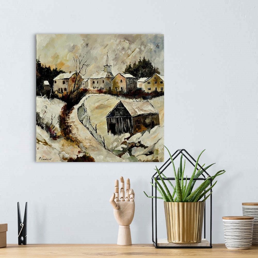 A bohemian room featuring A contemporary painting of a village covered in snow.