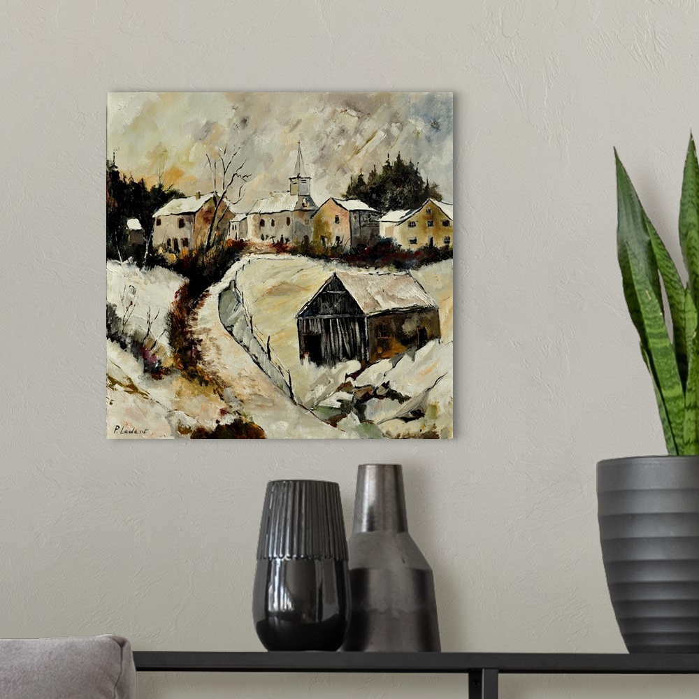 A modern room featuring A contemporary painting of a village covered in snow.