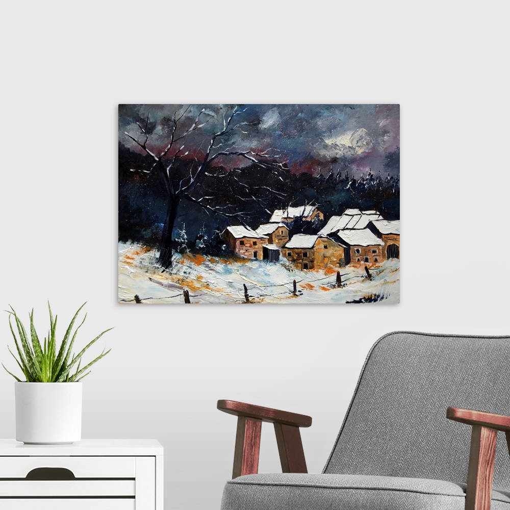 A modern room featuring A horizontal abstract landscape of a snowy village at night.