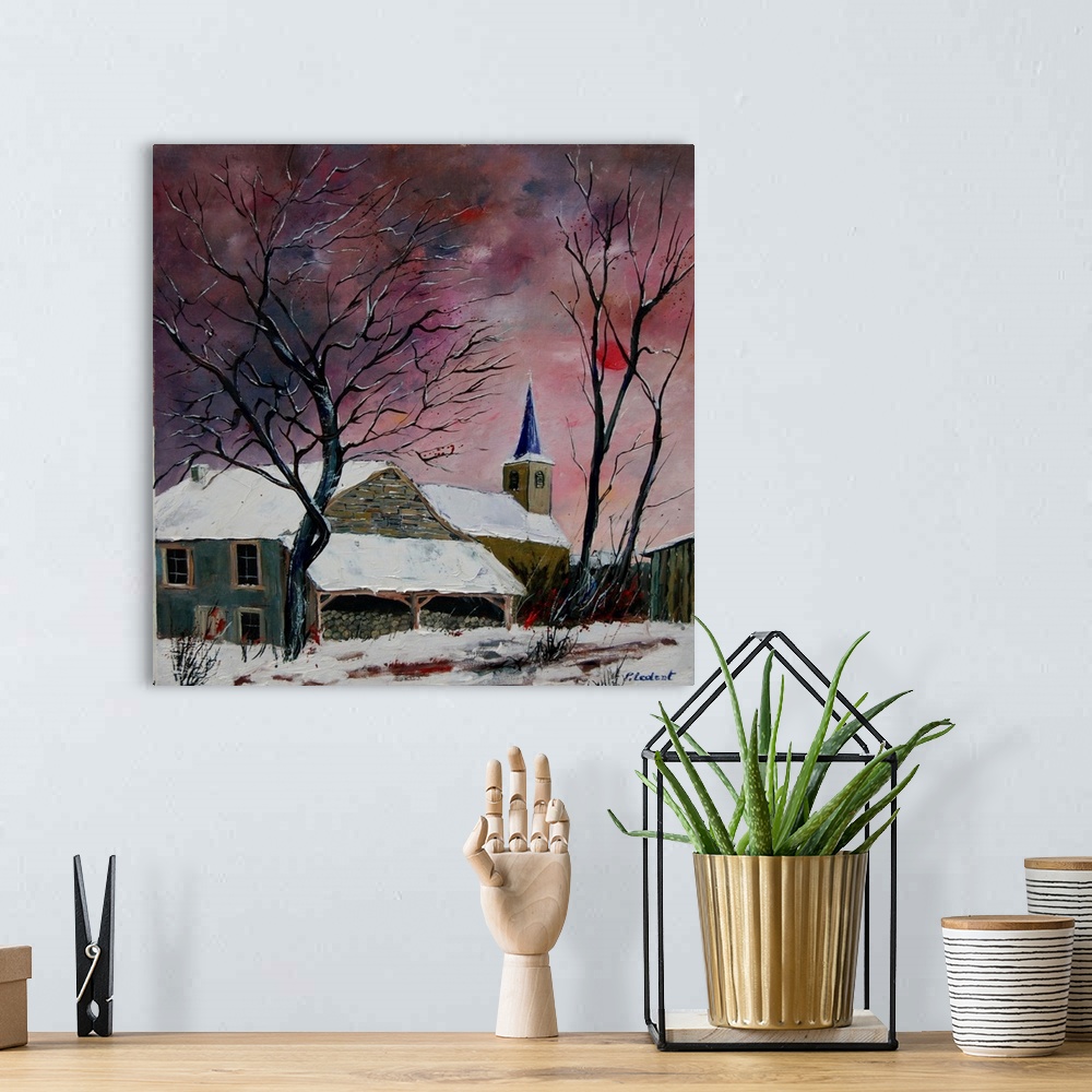 A bohemian room featuring Vertical painting of a snow cover house in the winter with a dark, warm colored sky.