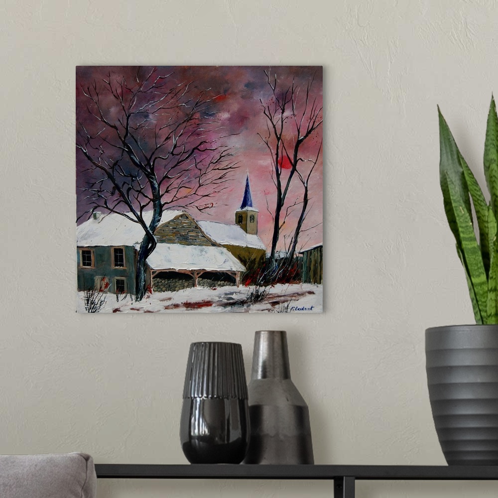 A modern room featuring Vertical painting of a snow cover house in the winter with a dark, warm colored sky.