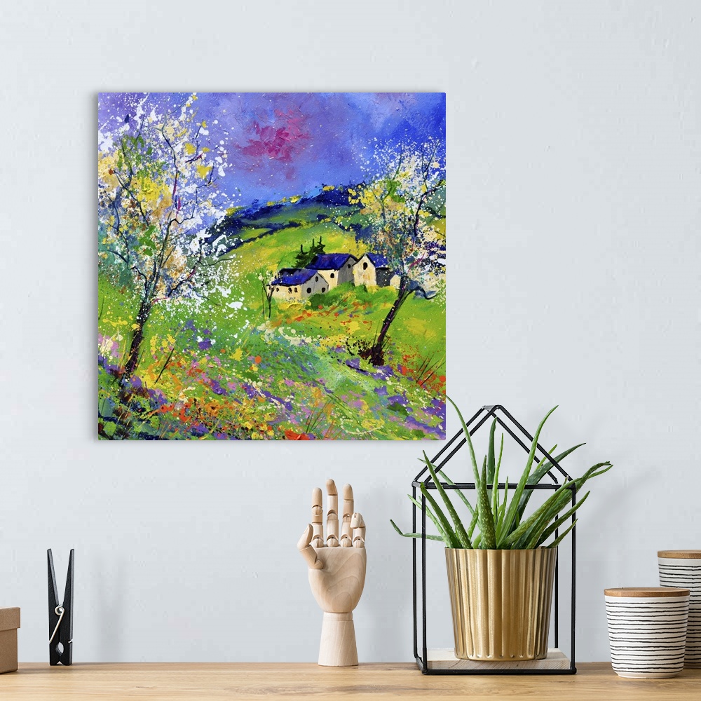 A bohemian room featuring Vertical painting of a field of flowers on a spring day with splatters of multi-color paint overl...