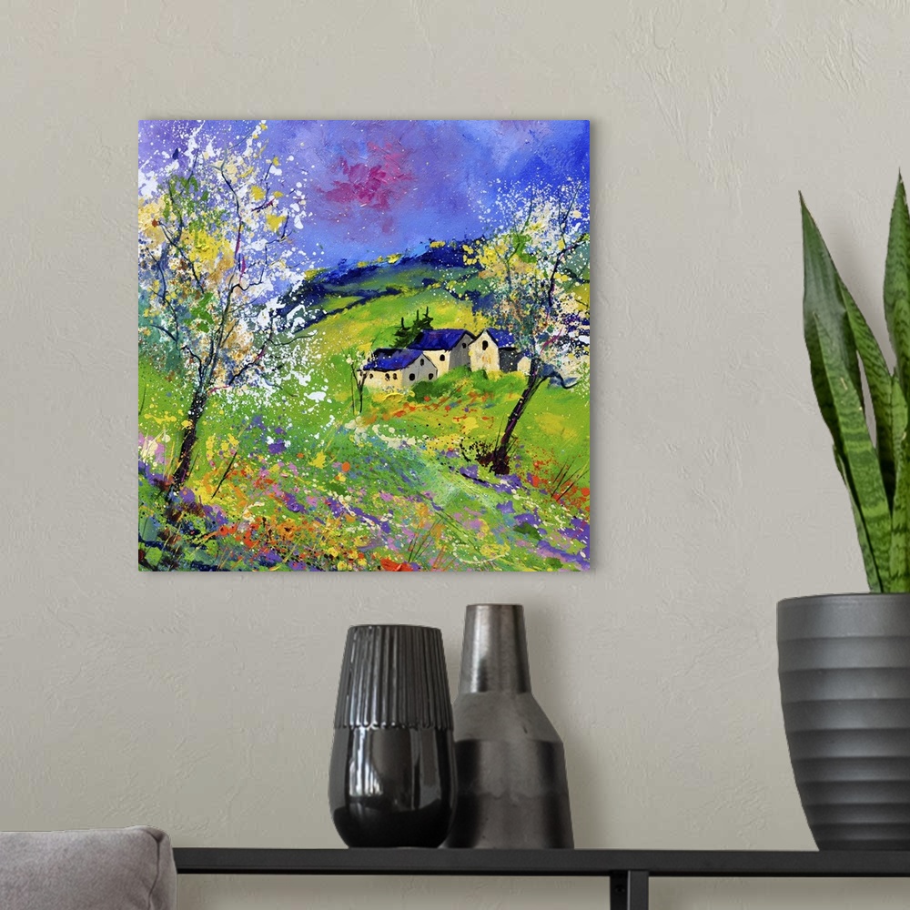 A modern room featuring Vertical painting of a field of flowers on a spring day with splatters of multi-color paint overl...