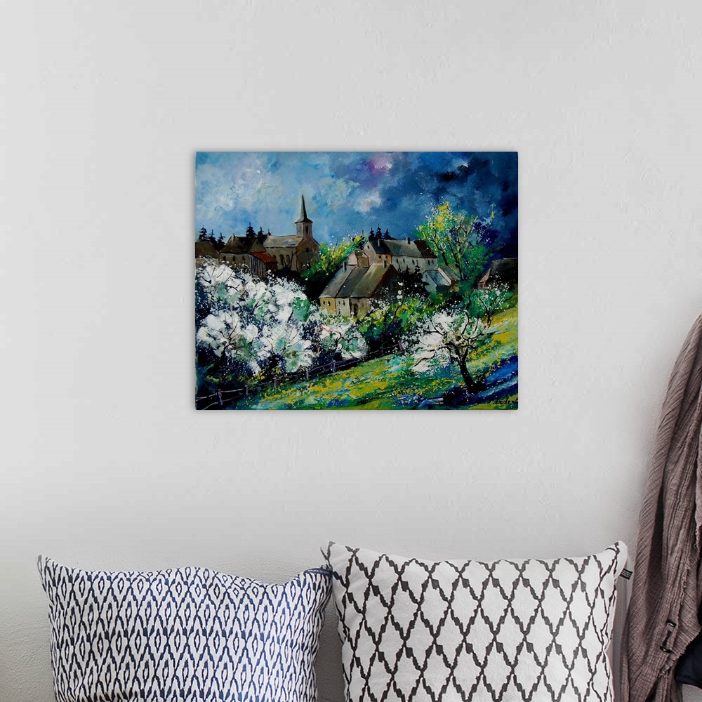 A bohemian room featuring A contemporary painting of a spring day in Fays Famenne, a village in the Belgian.