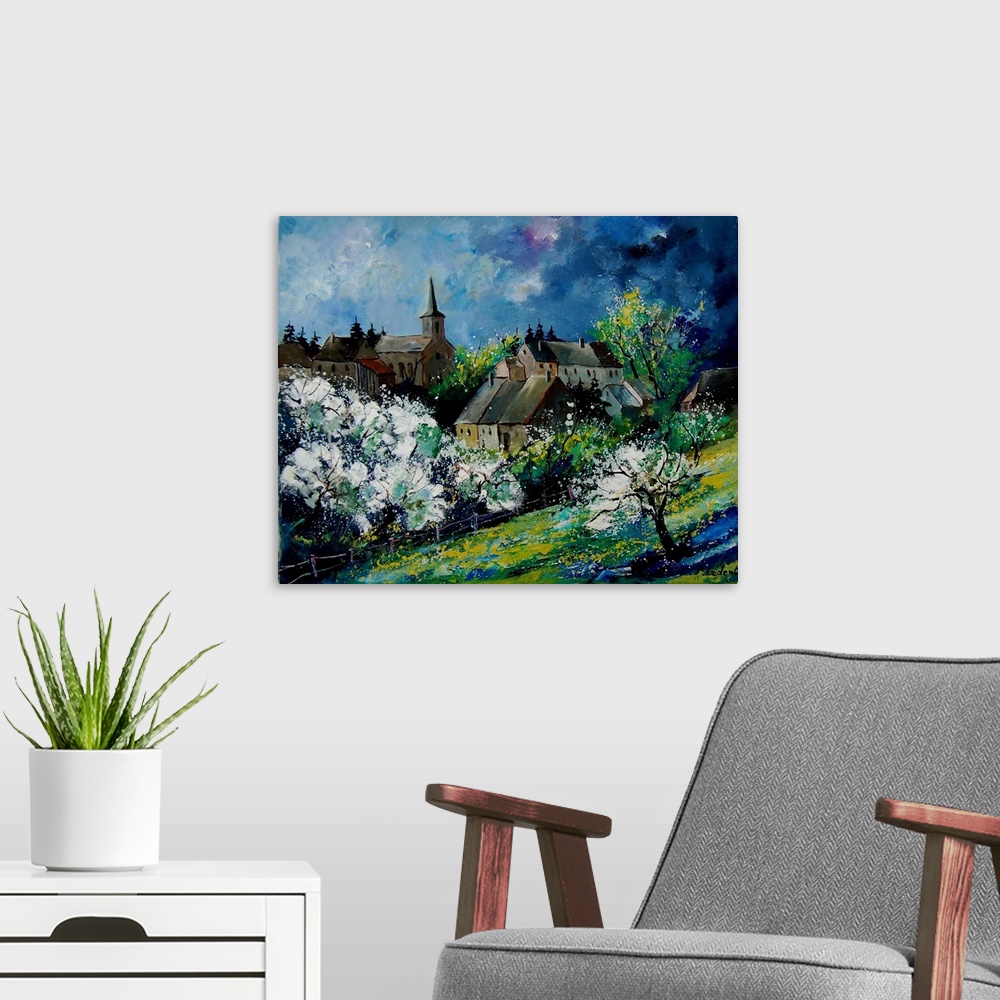 A modern room featuring A contemporary painting of a spring day in Fays Famenne, a village in the Belgian.