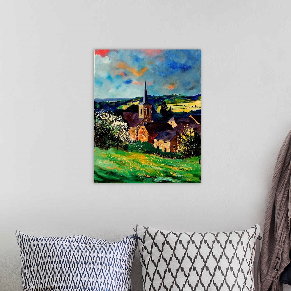 A bohemian room featuring Vertical painting of a village of Gendron, Belgium in the spring time.
