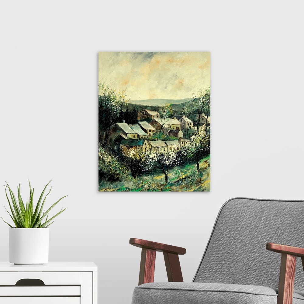 A modern room featuring A vertical painting of the the village of Ardennes, Belgium during the springtime.