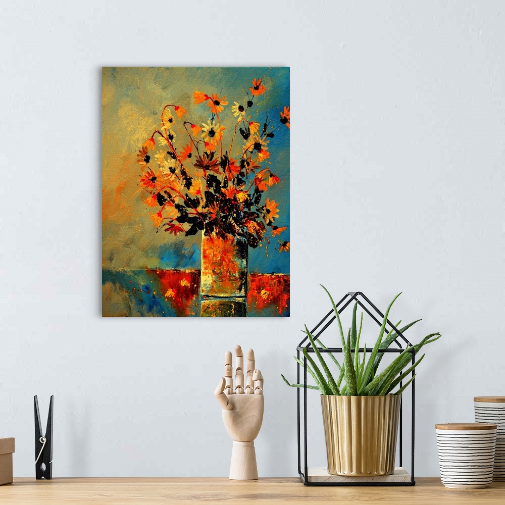 A bohemian room featuring Contemporary painting of a vase of orange flowers against a neutral backdrop.