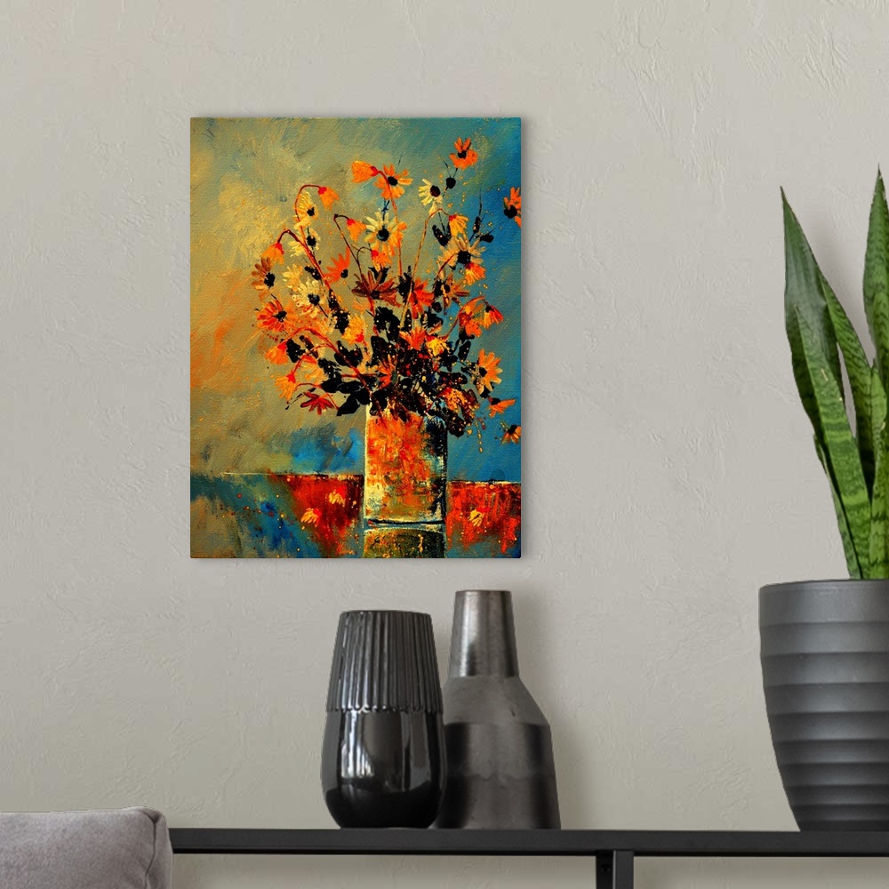 A modern room featuring Contemporary painting of a vase of orange flowers against a neutral backdrop.
