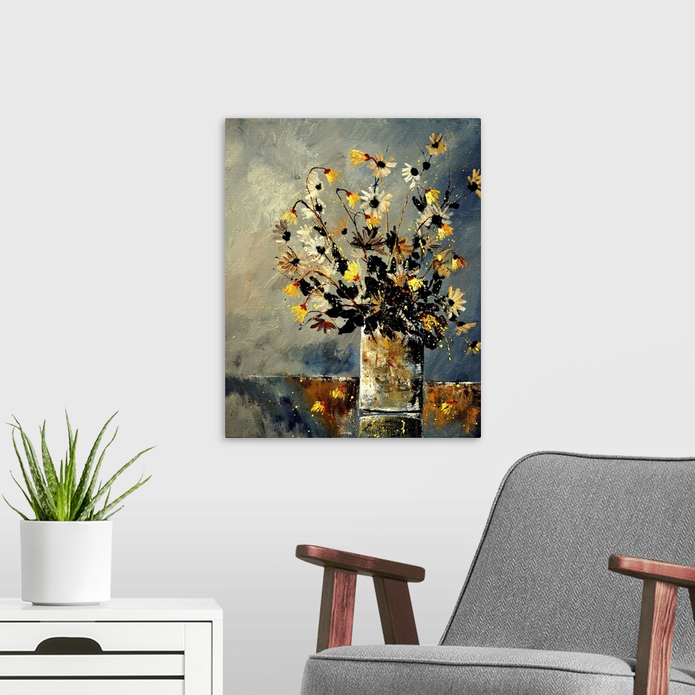 A modern room featuring Contemporary painting of a vase of yellow and white flowers against a neutral backdrop.