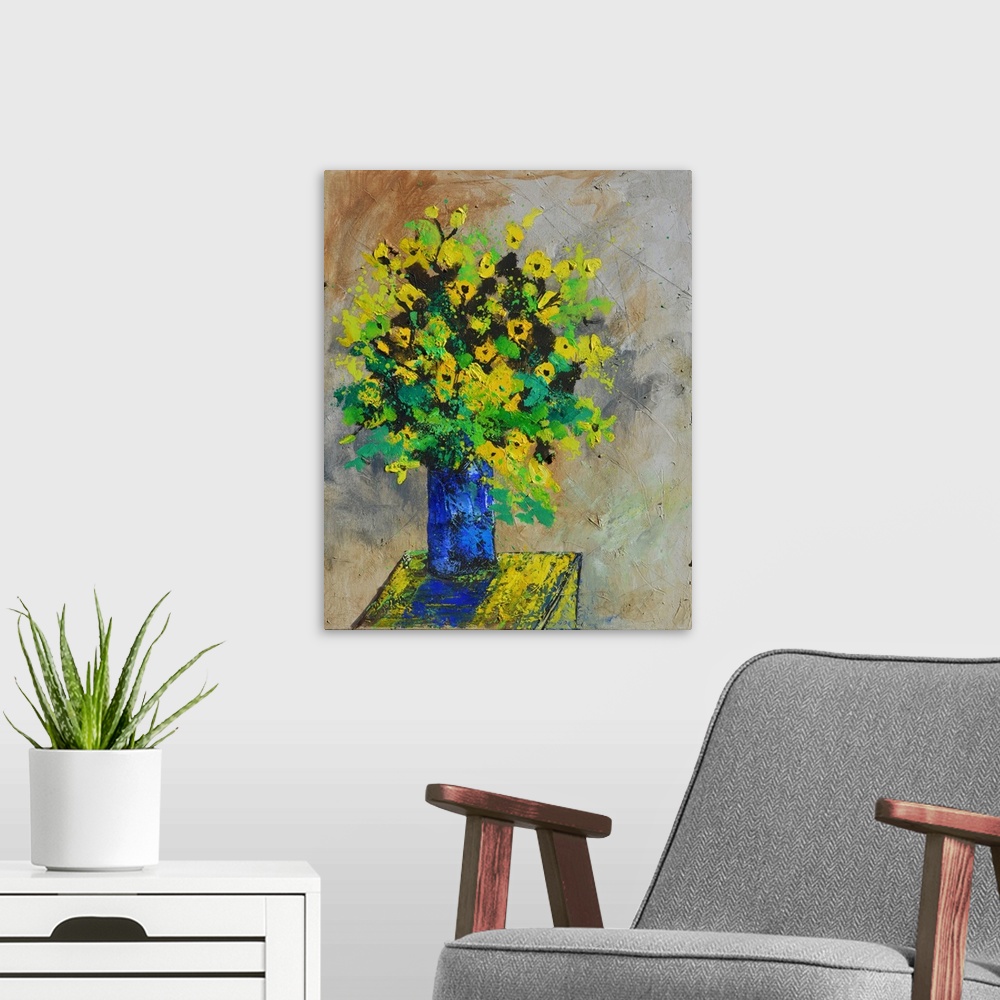 A modern room featuring A large bouquet of flowers in bright colors of green and yellow in a blue vase, against of neutra...