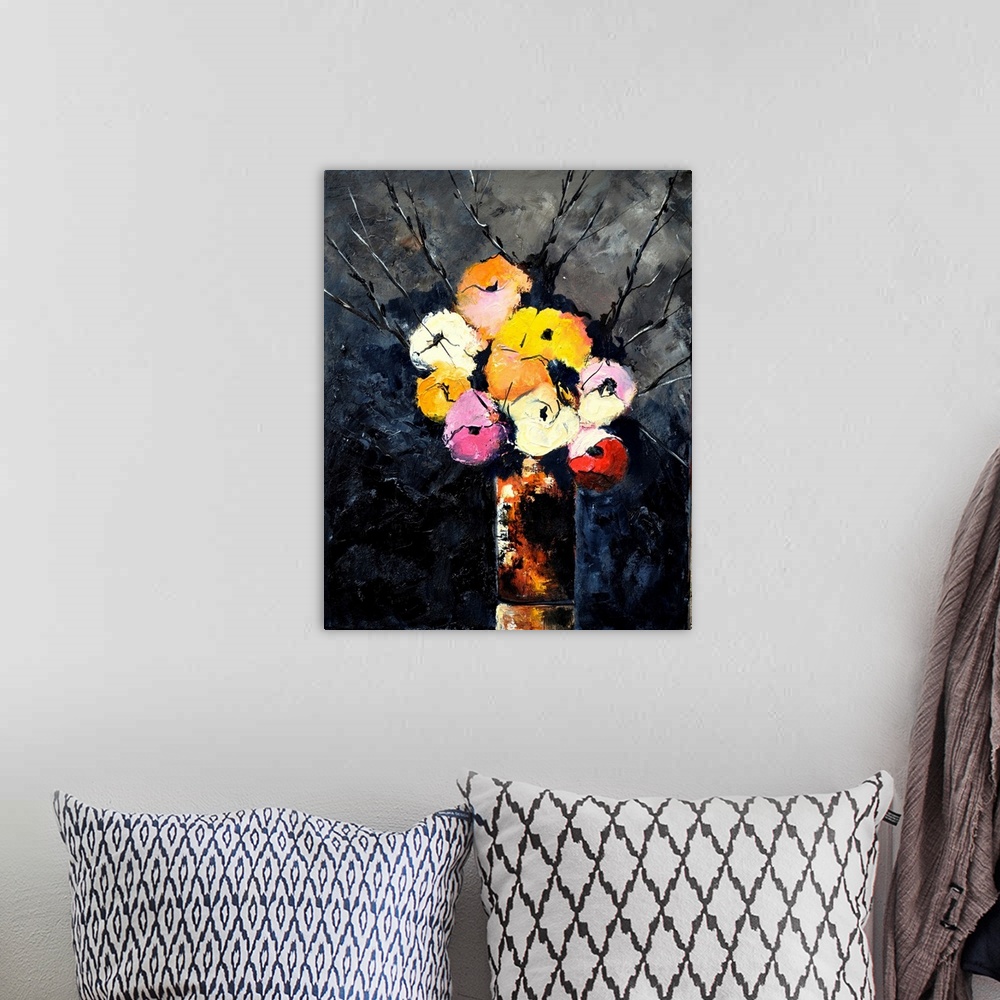A bohemian room featuring Contemporary painting of a vase of multi-colored flowers against a dark backdrop.