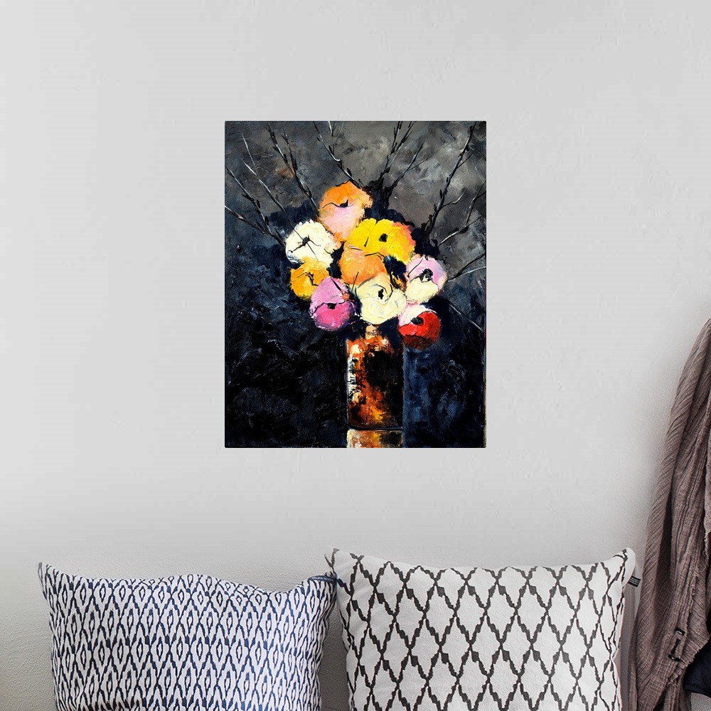 A bohemian room featuring Contemporary painting of a vase of multi-colored flowers against a dark backdrop.